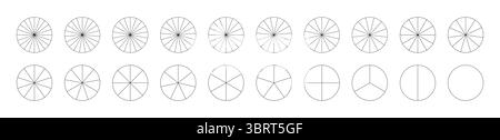Set mit Kuchen, Pizzakarten. Segmentierte Diagramme. Viele Sektoren teilen den Kreis auf gleiche Teile. Infografik zu Segmenten. Diagramm Radteile. Stock Vektor
