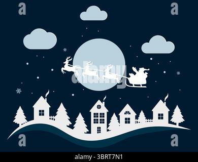 Weihnachtsmann in einem Rentierschlitten fliegt in der Weihnachtsnacht in den Himmel. Winterlandschaft mit Häusern und Tannen im Schnee. Flaches Design. Vektor Stock Vektor