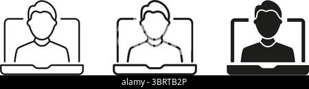Symbolgruppe „Person Auf Laptop-Bildschirm“. Virtuelles Meeting, Online-Kommunikation Und Outline- Und Silhouette-Symbol-Sammlung Für Remote-Arbeit. Digitale Interaktion Stock Vektor