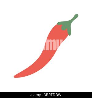 Scharfe rote Chilischote mit grünem Stiel und geschwungener Form in einem auffälligen minimalistischen Stil, perfekt für Rezeptgrafiken, Geschmackssymbole und pikantes Kochen Stock Vektor