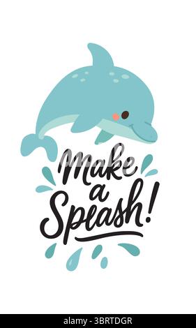 In diesem verspielten Zeichentrickdesign springt der süße blaue Delfin vor Freude über die Wellen. Perfekt für Sommermotive, Spaß am Meer und fröhliche, vom Ozean inspirierte Einrichtung Stock Vektor