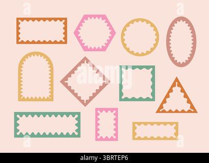 Pastellfarbene, wellige, Zickzackkanten, geometrische Formen, Figuren. Doodle y2k Squiggle Frames. Groovige süße Vektorrahmen, Rechteck. Stock Vektor