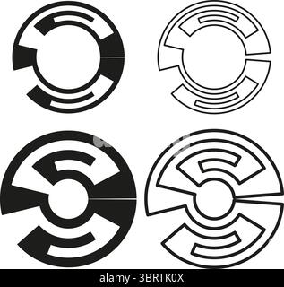 Vier Kreissymbole. Abstrakte Technologiesymbole. Vektor digitaler Elemente. Schwarz-weiß Shapes Kollektion Stock Vektor