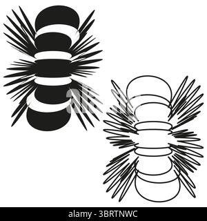 Radiales abstraktes Symbol. Symmetrisches Spike-Motiv. Vektor des geometrischen Objekts. Auffällige schwarze Silhouette. Stock Vektor