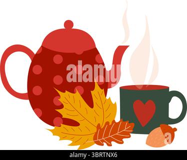 Süßer heißer Tee in Topf und Tasse, der von Ahorn- und Eichenblättern und einer Eichel umgeben ist. Isolierte Herbstkomposition. Stock Vektor