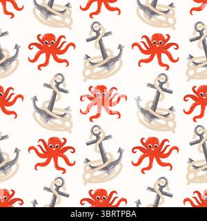 Nahtloses Muster mit niedlichem rotem Kawaii-Tintenfisch und Meeresanker in Punktfolge im flachen Cartoon-Stil. Lustiges nautisches Design, perfekt für Kinder, Sommer Stock Vektor