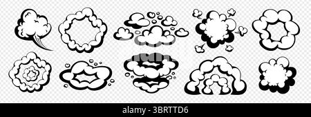 Komische Wolken- und Rauchexplosionseffekte in schwarzer Umrandung isoliert auf transparentem Hintergrund. Cartoon-Vektorelemente. Ideal für Motion-Design Stock Vektor
