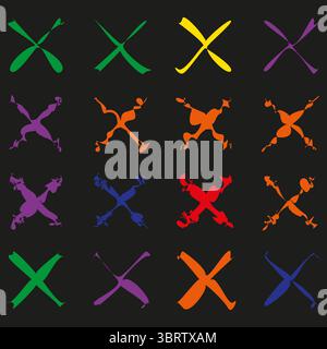 Buntes Kreuzmuster. Abstrakte Farbstriche. Dunkle Hintergrundstruktur. Vektor-Grunge-Symbole. Stock Vektor