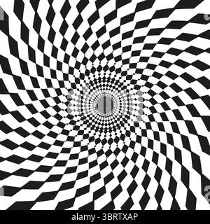 Der wirbelnde heteromorphe Tunnel. Dynamische Schachbretttäuschung. Hypnotischer Wirbelvektor. Monochromatische Abyssalprofundität. Stock Vektor