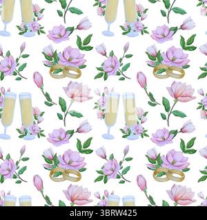 Clipart-Set für Hochzeits-Cliparts in Aquarell. Handgemalte Illustrationen mit Hochzeitsattributen und Magnolienblüten isoliert auf weiß. Romantische Grafiken für Invit Stockfoto