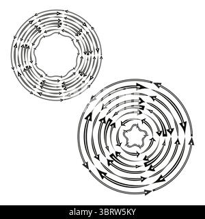 Kreisförmige Pfeilspiralen. Symbole für die Drehrichtung. Dynamischer Flussvektor. Schwarzweißes Bildmaterial. Stock Vektor