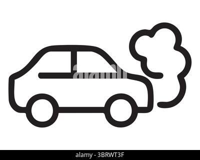 Schwarze Umrandung des Fahrzeugs, das Abgase ausstößt, isoliert auf weißem Hintergrund, grafische Abbildung. Begriff der Umweltverschmutzung, Fahrzeugemissionen, Stock Vektor