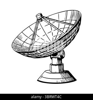Eine detaillierte Abbildung einer Satellitenschüssel. Die Schale ist groß und kreisförmig und auf einem stabilen Sockel montiert. Er ist für den Empfang von Signalen von ausgelegt Stock Vektor