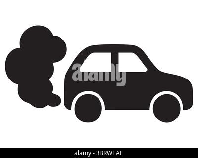 Schwarze Silhouette des Autos, das Rauch ausstrahlt, isoliert auf weißem Hintergrund, grafische Abbildung. Begriff der Verschmutzung, der Umwelt, der Luftqualität, der Emission, Stock Vektor
