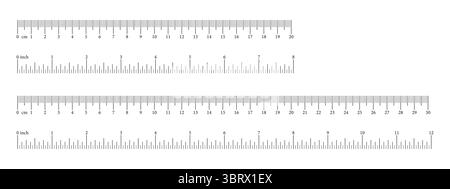 Zoll, metrische Lineale. Schablone für Messwerkzeug. Maßstab für Lineal in Zentimetern, Zoll. Symbol Messskalen. Zoll, Zentimeter Messskala Stock Vektor