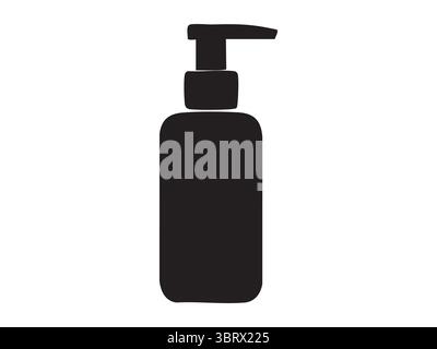 Schwarze Silhouette der kosmetischen Pumpenspenderflasche isoliert auf weißem Hintergrund, grafische Abbildung. Konzept Flüssigseife, Hautpflegemittel, Hand Stock Vektor