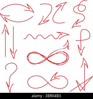 Ein umfassendes Set handgezeichneter roter Pfeile und gerichteter Doodles, Vektorillustration Stock Vektor