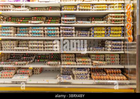 13. Juli 2025 – Boston, MA, USA: Leere Regale im Lebensmittelgeschäft mit Mangel an grundlegenden Artikeln wie Eiern. Stockfoto