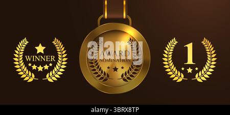 Realistisches Goldmedaillenmodell. Goldmedaille mit Band. Designsieger mit goldener Medaille. Gewinnermedaille. Vektorabbildung Stock Vektor
