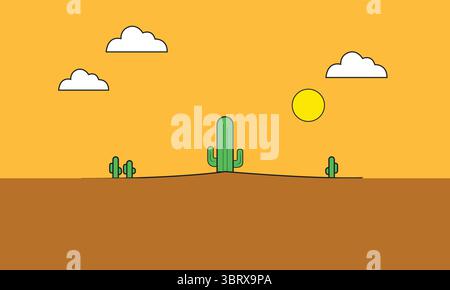 Minimale Wüstenlandschaft mit Kakteen, Sonne, Wolken, ruhige Naturszene in warmen Tönen, Vektor-Illustration Stock Vektor