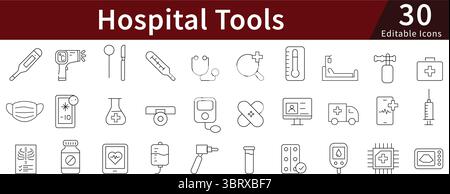Hospital Tools Medical editierbare Liniensymbole für Geräte, Chirurgie, Instrumente und Klinisches Management Stock Vektor