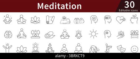 Meditationslinien-Symbole: Yoga, Achtsamkeit und Entspannungsvektoren Stock Vektor