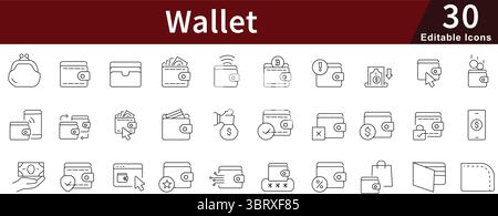 Für Finanzen und Zahlungen festgelegte Symbole für bearbeitbare Positionen für Wallet Stock Vektor