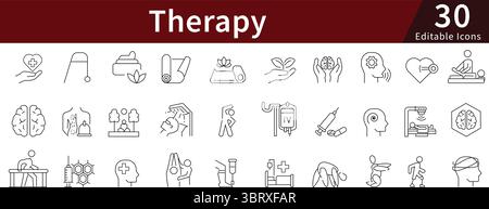 Therapie editierbare Linien-Symbole für psychische Gesundheit und medizinische Behandlung eingestellt Stock Vektor