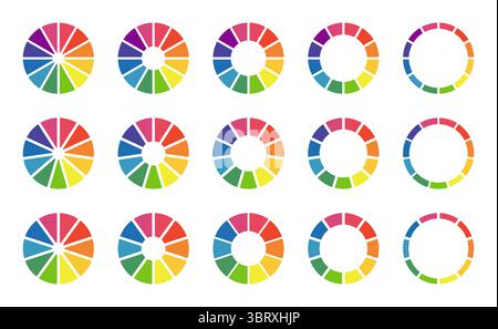 Donut-Diagramme, Torten segmentiert in 10, 11, 12 gleiche Teile. Die Räder sind in Abschnitte unterteilt. Diagramme Infografik mehrfarbige Kollektion. Kreisschnitt Stock Vektor