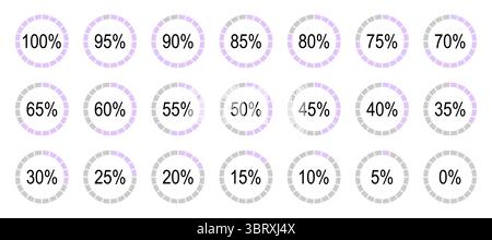 Prozentsatz der Infografik-Elemente. Satz von Runddiagrammen für Infografiken von 0 bis 100 Prozent. Violette und graue Farben füllen Torten, Pizzakarten Stock Vektor