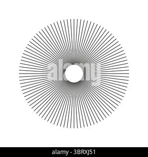 Sonnensterne, platzen. Speichen mit strahlendem Streifengitter. Radiale Kreisstrahlungslinien. Kreisförmig Linien Balken. Minimalistische Grafik. Abstrakte Illusion Stock Vektor