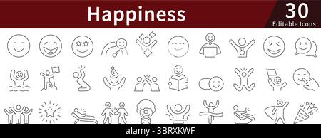 Happiness Emotion bearbeitbare Liniensymbole für Joy, Smile, Celebration und positive Expression Management Stock Vektor
