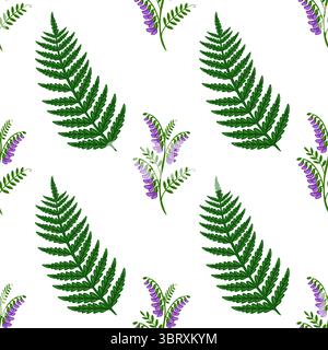 Nahtloses Vektormuster mit stilisierten Farnblättern und getufteten Wickchenblüten in leuchtenden Grün- und Violetttönen, die eine botanische Illustration-ID schaffen Stock Vektor