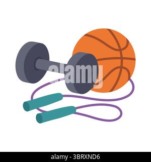 Ein Set von Sportartikeln, einschließlich einer Basketball-Kurzhantel und Sprungseil, perfekt für die Illustration von körperlicher Aktivität und gesundem Lebensstil. Stock Vektor