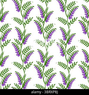 Nahtloses Vektormuster von stilisierten getufteten Wickelblüten mit leuchtenden lila Blüten und üppigen grünen Blättern, angeordnet in einem vertikalen sich wiederholenden Design o Stock Vektor