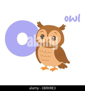 Niedliche Eule steht neben einem großen Buchstaben o perfekt, um kleinen Kindern das Alphabet auf unterhaltsame Weise beizubringen. Stock Vektor
