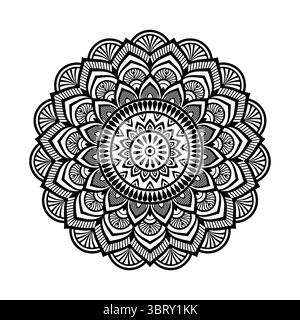 Mandala Art Vector kompliziertes Schwarz-weiß geometrisches Blumendesign für Malseiten und Meditation. Stock Vektor