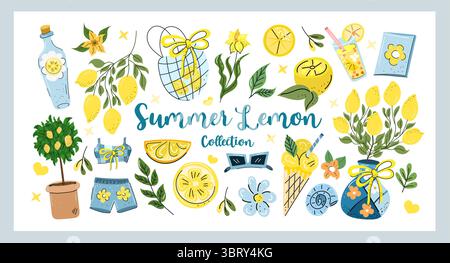 Skurrile Zitronenmotive in Zitrusgetränken im Dopamin-Sommer-Stil, süße Outfits, frisches Grün und verspielte handgezeichnete Details für lebendige Momente Stock Vektor