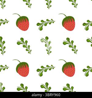 Ein nahtloses Volkskunst-Vektormuster mit stilisierten Erdbeeren und grünen Blättern auf weißem Hintergrund. Die Erdbeeren sind rot mit grünen Spitzen, W Stock Vektor