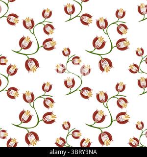 Ein nahtloses florales Volkskunst-Vektormuster mit stilisierten roten und gelben Blumen mit grünen Stielen auf weißem Hintergrund. Stock Vektor