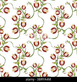 Ein nahtloses florales Volkskunst-Vektormuster mit roten und weißen Blumen, die mit grünen Reben auf einem weißen Hintergrund verwoben sind. Stock Vektor