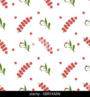 Ein nahtloses Volkskunst-Vektormuster mit Clustern von roten Beeren und grünen Blättern auf weißem Hintergrund. Das Design enthält kleine rote Punkte Stock Vektor