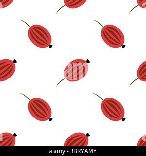 Ein nahtloses Volkskunst-Vektormuster mit stilisierten roten Wassermelonenscheiben mit grünen Stielen auf weißem Hintergrund. Stock Vektor