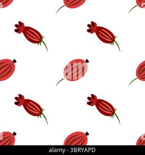 Ein nahtloses Volkskunst-Vektormuster mit stilisierten roten Blumen mit grünen Stielen auf weißem Hintergrund. Die Blüten haben eine abgerundete Form und sind distinkt Stock Vektor