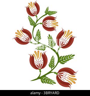 Ein dekoratives volkstümliches Vektor-Blumendesign mit stilisierten Blumen mit roten Blüten und gelben Staubblättern, verwoben mit grünen Blättern. Die Kompositi Stock Vektor