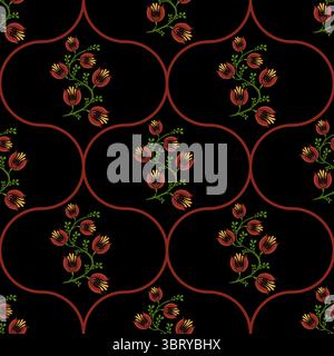 Ein nahtloses florales Volkskunst-Vektormuster mit stilisierten roten Blumen und grünen Blättern auf schwarzem Hintergrund, angeordnet in einer sich wiederholenden kreisförmigen Desi Stock Vektor