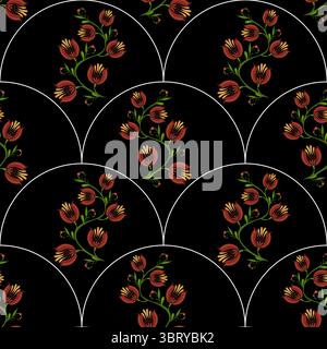 Ein nahtloses florales Volkskunst-Vektormuster mit leuchtenden orangen und gelben Blumen auf schwarzem Hintergrund, angeordnet in einem kreisförmigen Design mit weiß Stock Vektor