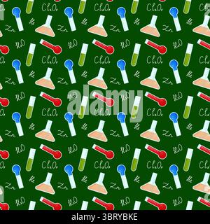 Nahtloses wissenschaftliches Vektormuster mit Laborgeräten und chemischen Formeln. Ausbildung zurück in die Schule Chemie Hintergrund. Für Schulbedarf oder Stat Stock Vektor