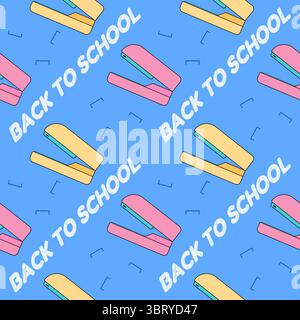 Nahtloses Muster mit rosafarbenen und gelben Heftern. Vektorillustration auf blauem Hintergrund. Für Schulanfang, Lehrmaterial, Zubehör oder Stk Stock Vektor