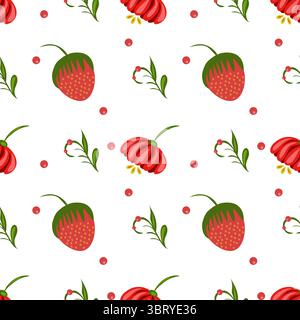 Ein nahtloses Volkskunst-Vektormuster mit roten Erdbeeren, roten Blumen und grünen Blättern auf weißem Hintergrund. Das Design ist verspielt und lebendig, Stock Vektor